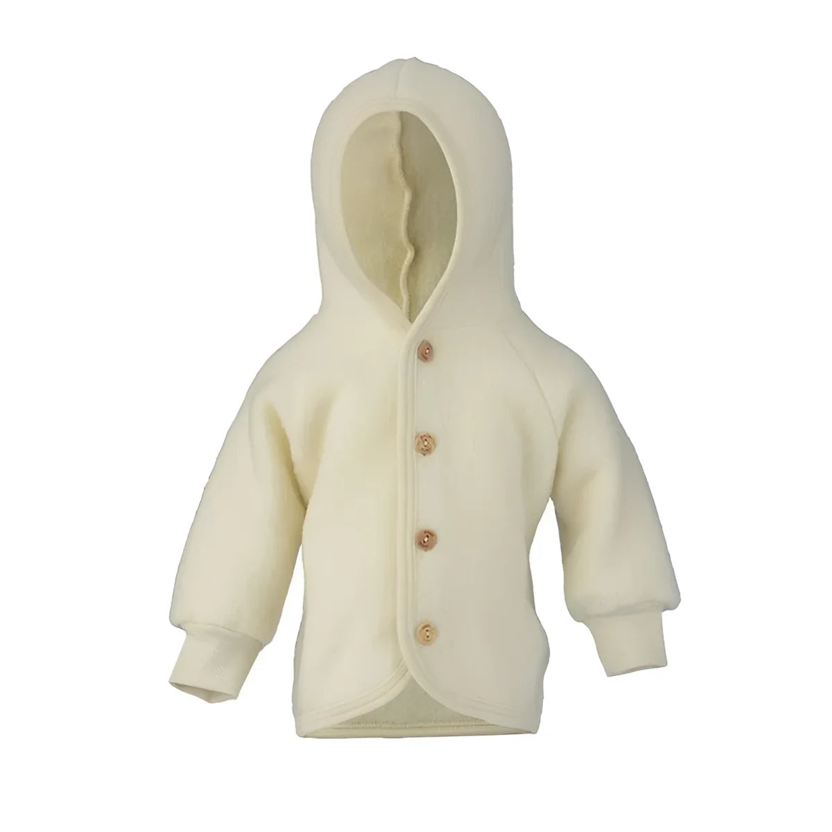 Cremefarbene Wolljacke mit Kapuze und Holzknöpfen, Wollfleece Kapuzenjacke natur