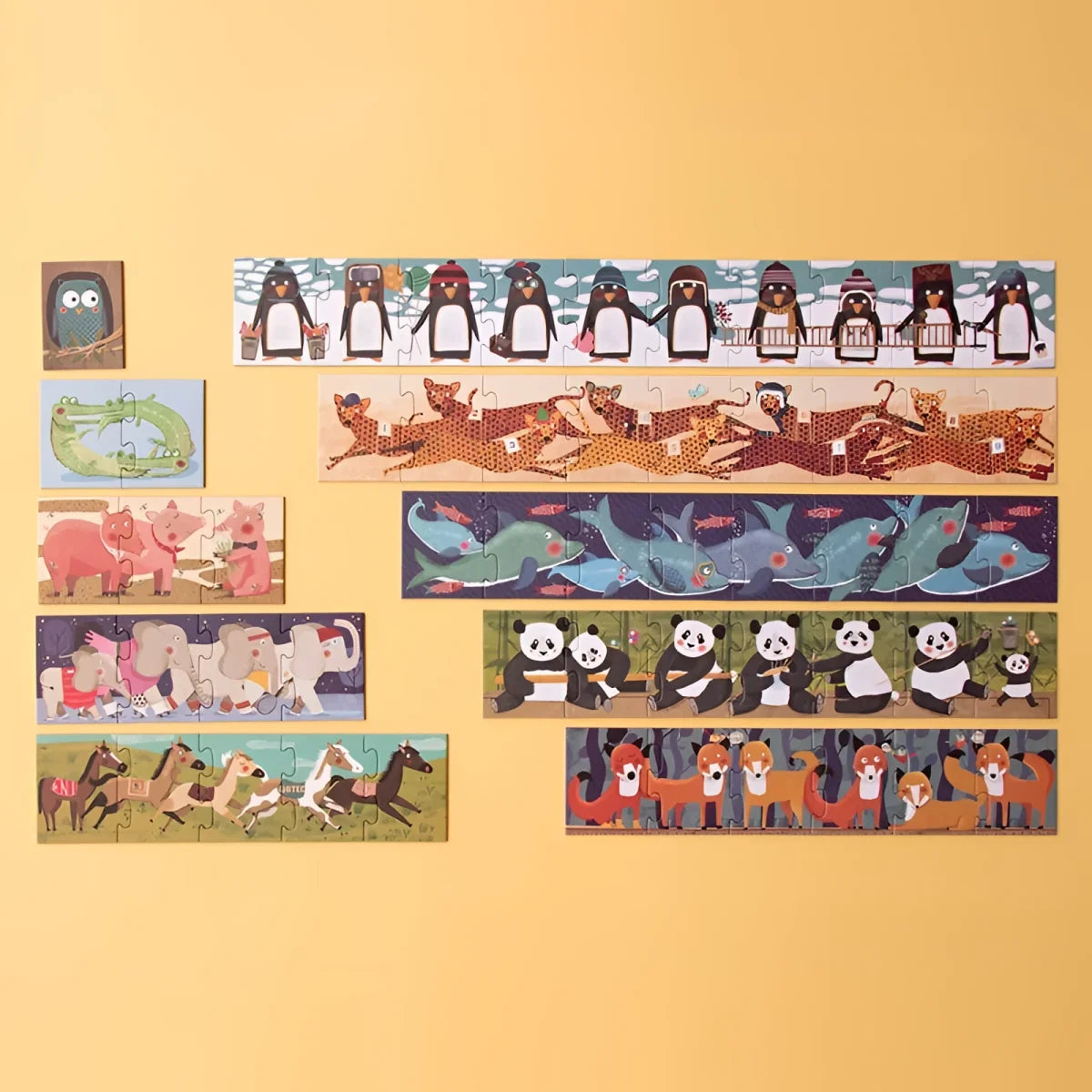 Illustration von Tier-Puzzlestreifen an einer Wand für das 10 Penguins Puzzle