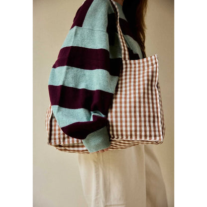 Braun weiß karierter gingham canvas tote bag 24h bag | vichy moka mit robusten henkel ideal für geschenke für neugeborene