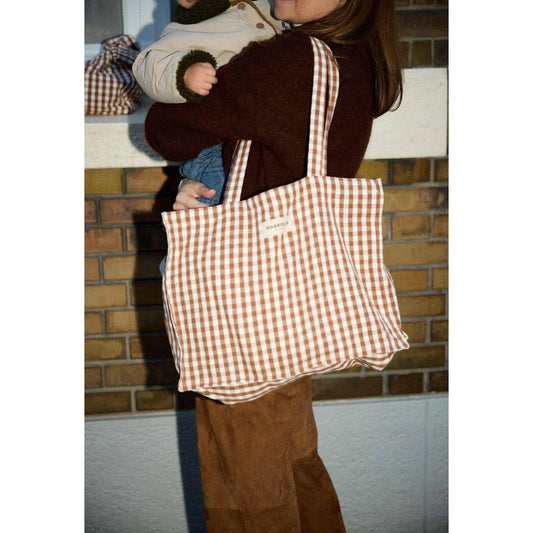 24H Bag Vichy Moka: beige-weiss Gingham-Karo Canvas-Tote-Bag mit robusten Griffen