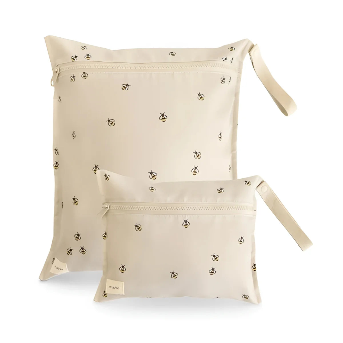 Beiges 2er-Pack Wet Bags Bees mit schwarzen Bienenmotiven und passenden Schlüsselbändern aus Stoff