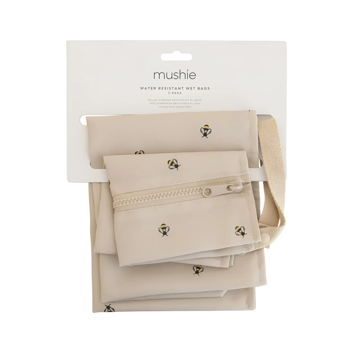 Beige wasserfeste wet bags im 2er pack mit bienen-stickerei und reißverschlussverschluss