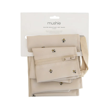 Beige wasserfeste wet bags im 2er pack mit bienen-stickerei und reißverschlussverschluss