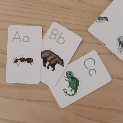 ABC Karten: Weiße Lernkarten mit Buchstaben und Tieren in Aquarellstil
