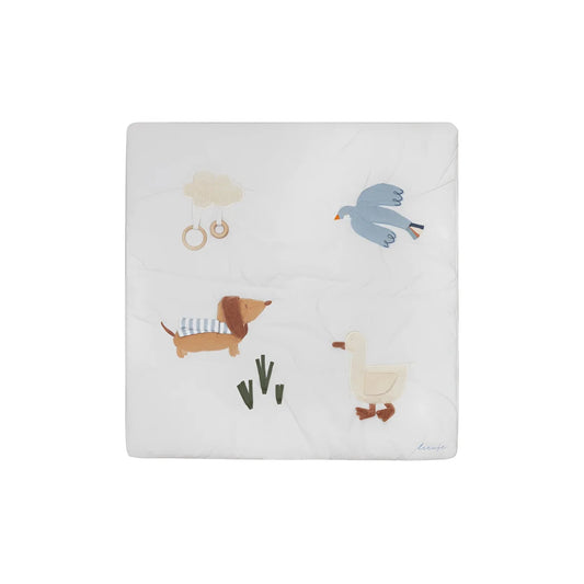 Weisse Activity Decke Dog mit Stickerei von Dackel, Ente, Vogel, Wolke und Ringen