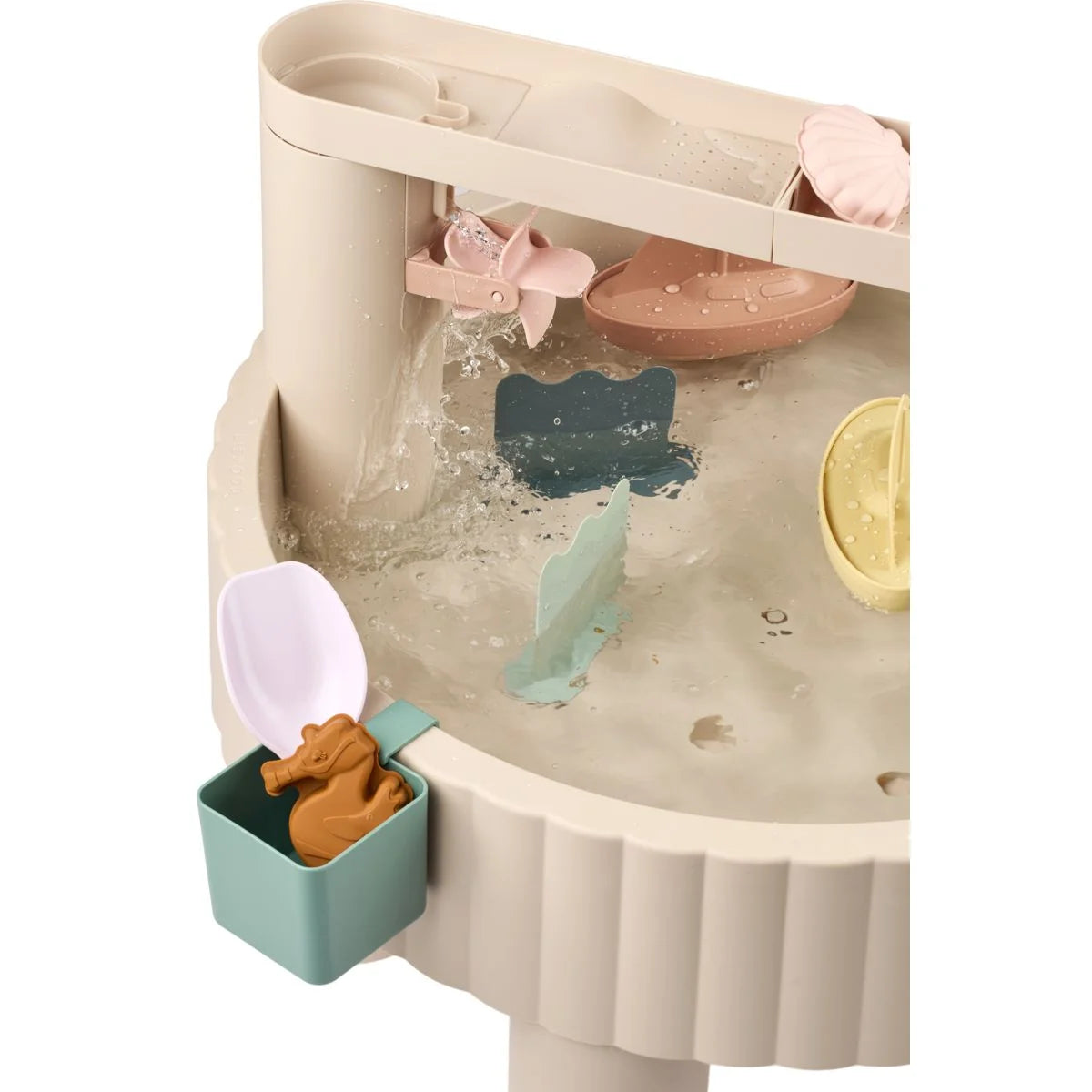 Beige plastik-wassertisch activity table sepp mit buntem spielzeug und integriertem spritzschutz