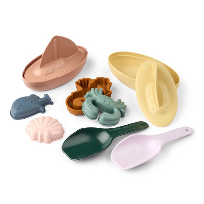 Pastellfarbener silikon strandspielzeug set mit meeresthemen formen und löffeln activity table sepp sandy multi mix
