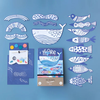 Sammlung von blauen und weißen Illustrationen maritimer Kreaturen im flachen Layout