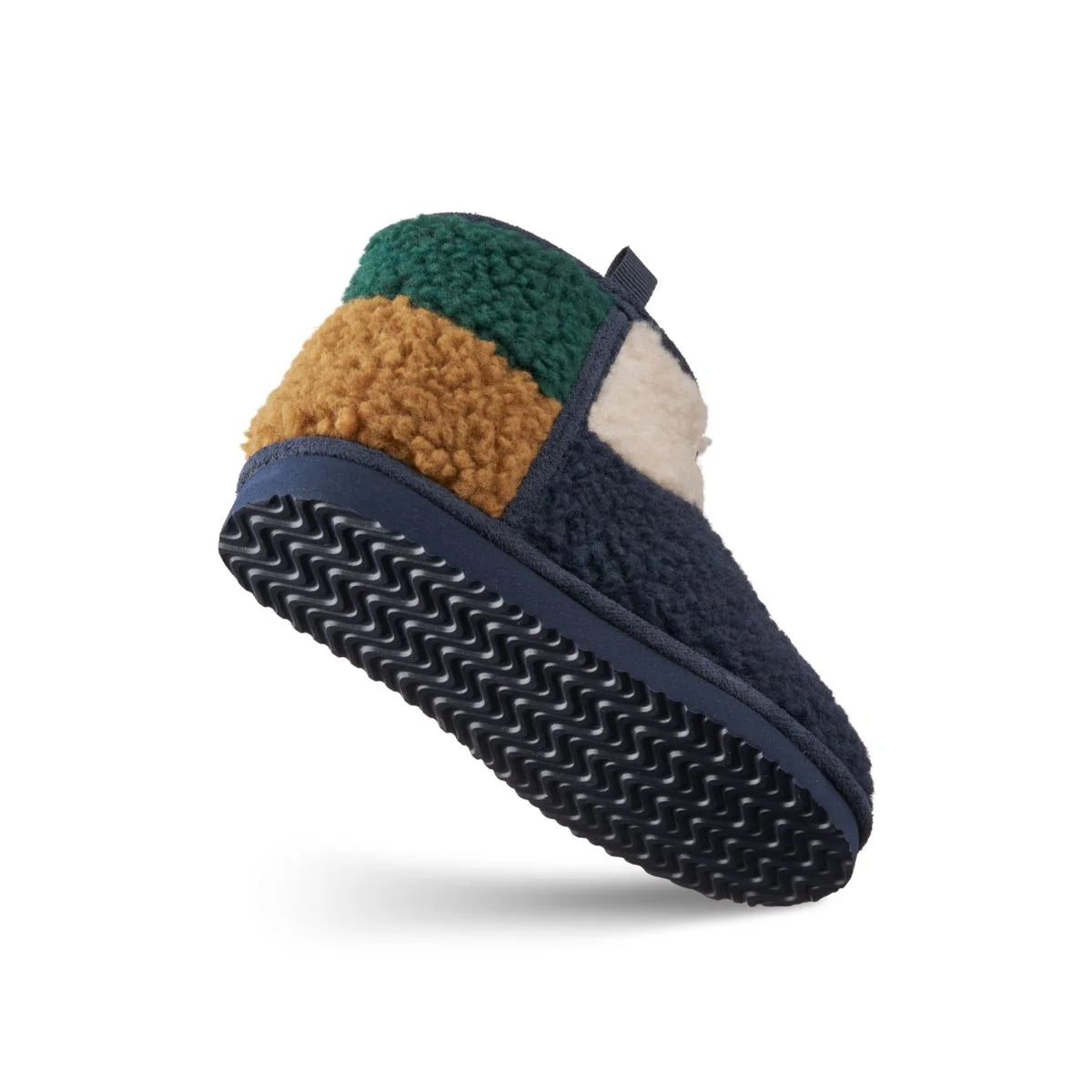 Cozy slip-on moccasin albi pile boot in classic navy multi mix with green tan cream fleece and navy suede patchwork