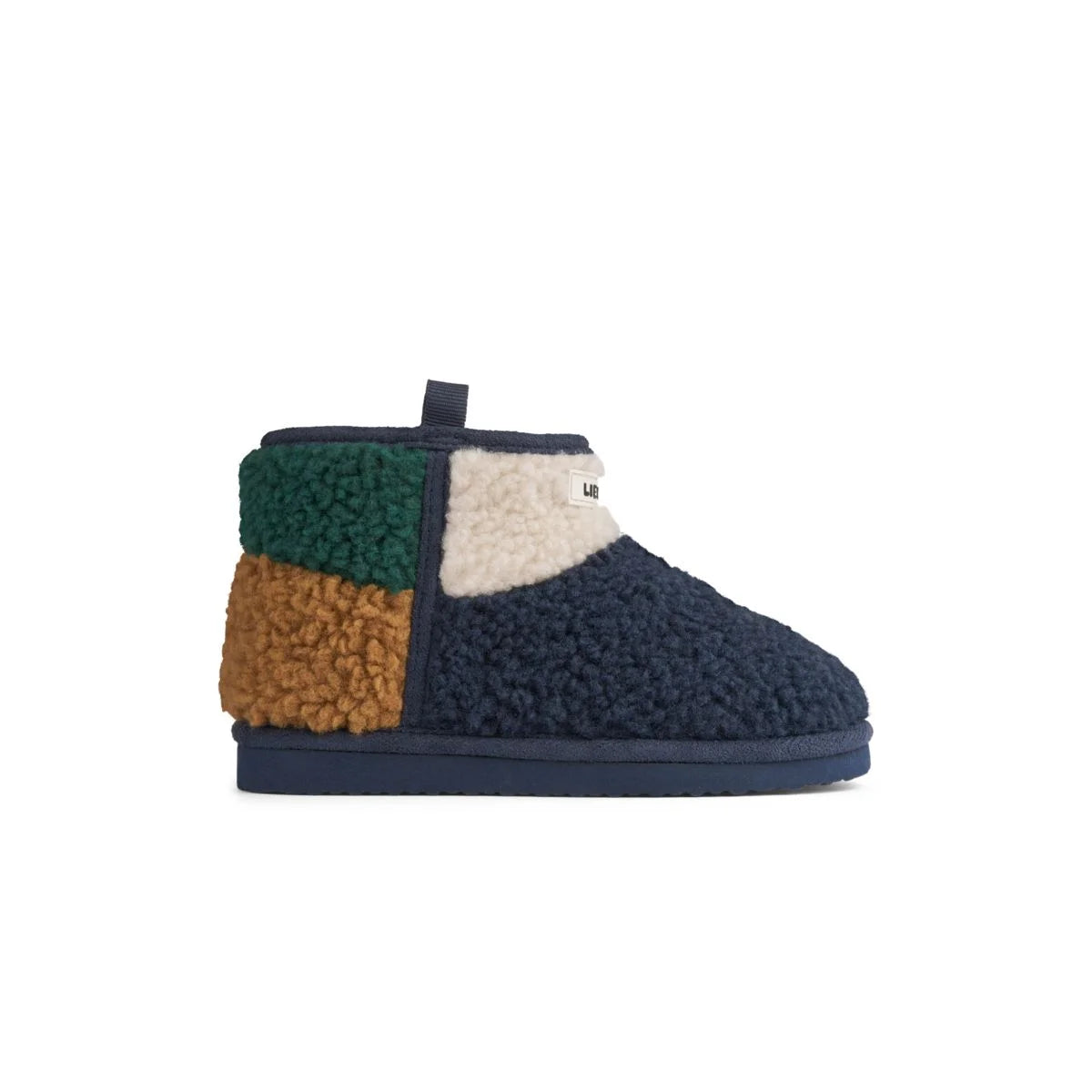 Albi pile boot classic navy multi mix blaugrüne und beige shearling patchwork bootie mit navy gummisohle