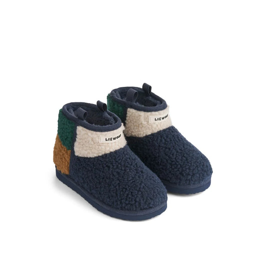 Marineblaue, creme- und grüne Patchwork-Shearling Slip-On Albi Pile Boots Classic Navy Multi Mix mit weicher, kuscheliger