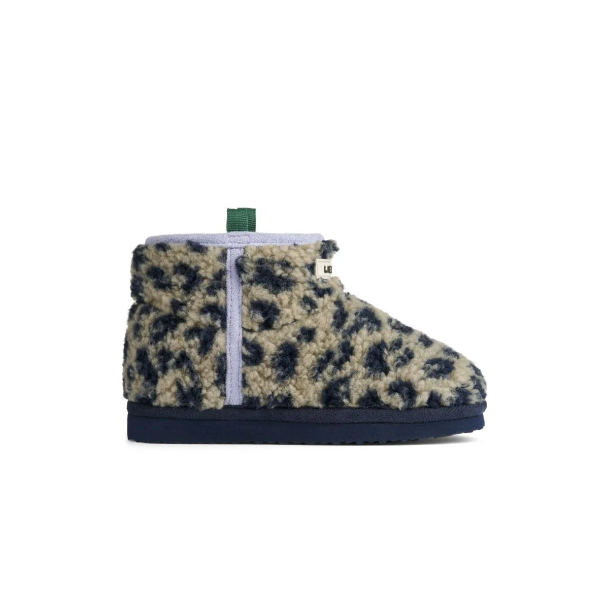 Albi pile boot leo mist leopard-print shearling slipper with navy blue sole and green pull tab