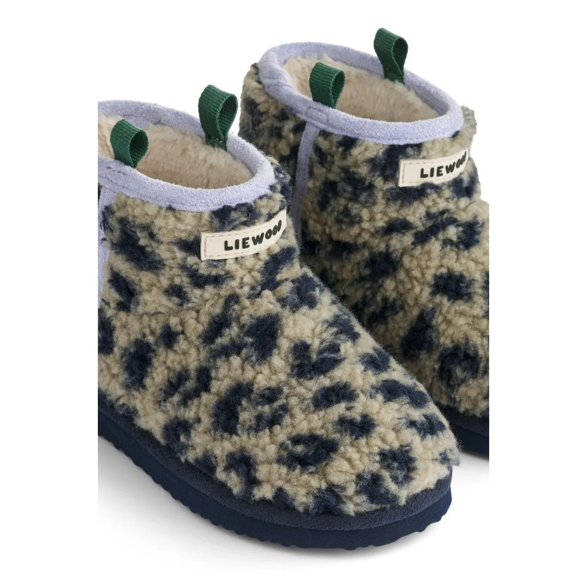 Beige und marineblaue leopard print shearling booties mit grünen zuglaschen albi pile boot leo mist