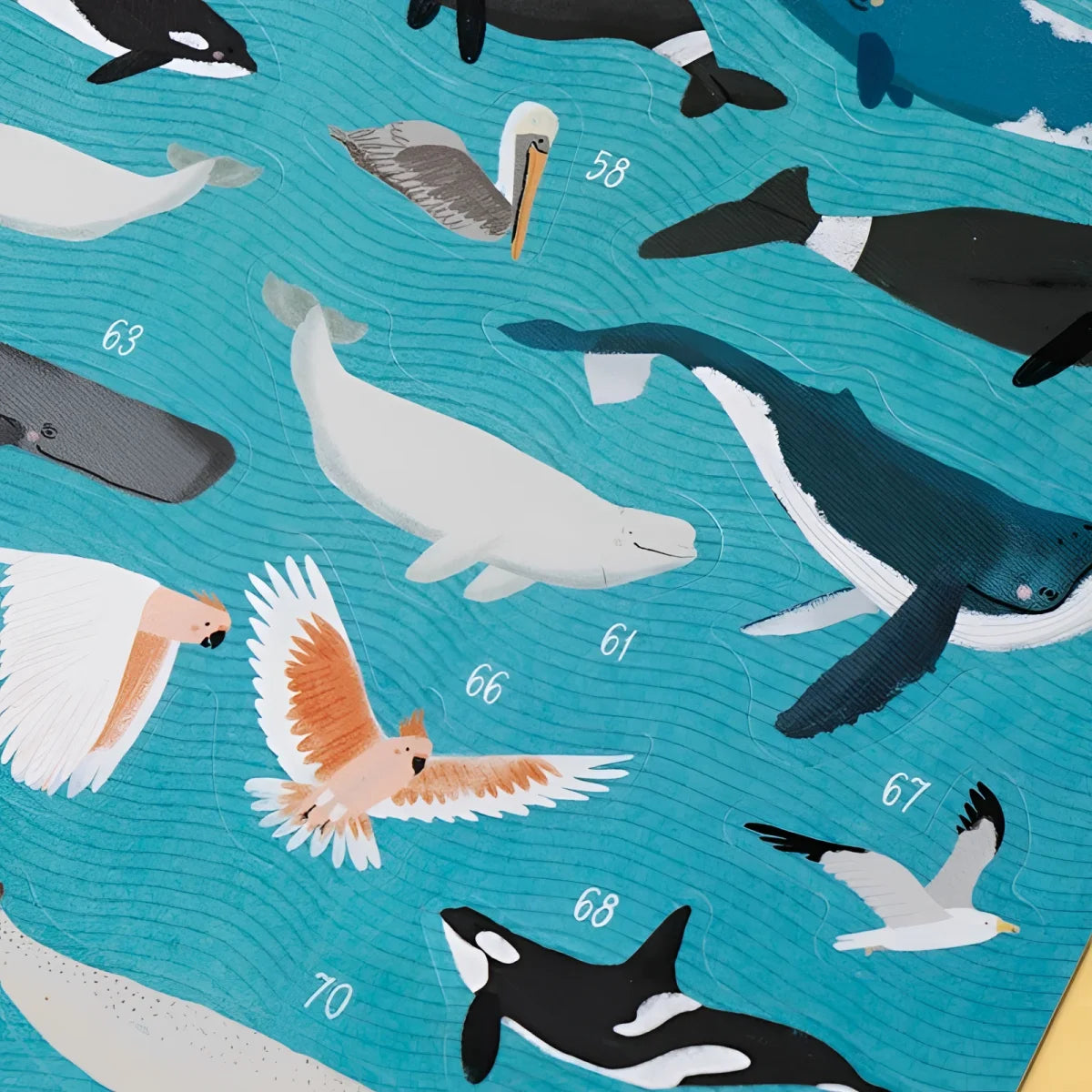 Blaues Stoff mit verspieltem Muster aus Walen, Orcas, Pelikanen und Vögeln mit Nummern für Animal World Poster + Sticker