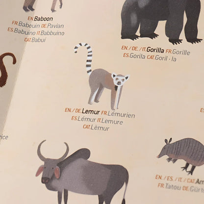 Illustrierter Lemur mit grauem und weißem Fell, gestreiftem Schwanz und schwarz-weißem Gesicht für Animal World Poster +
