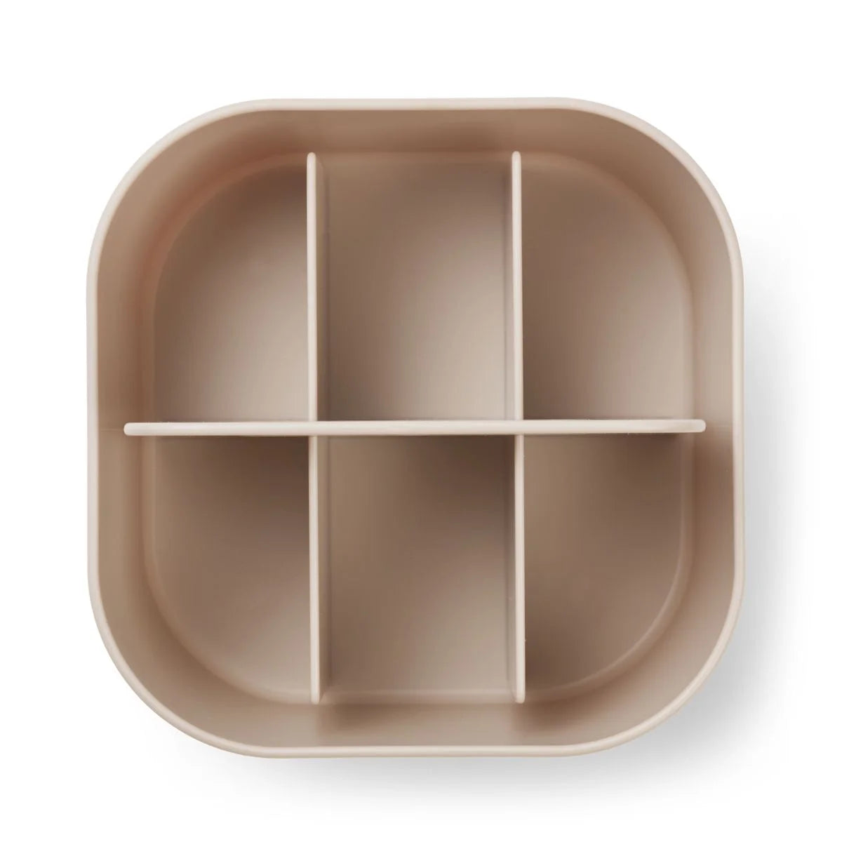 Quadratische beige Aufbewahrungsbox mit vier Fächern und weißen Trennwänden