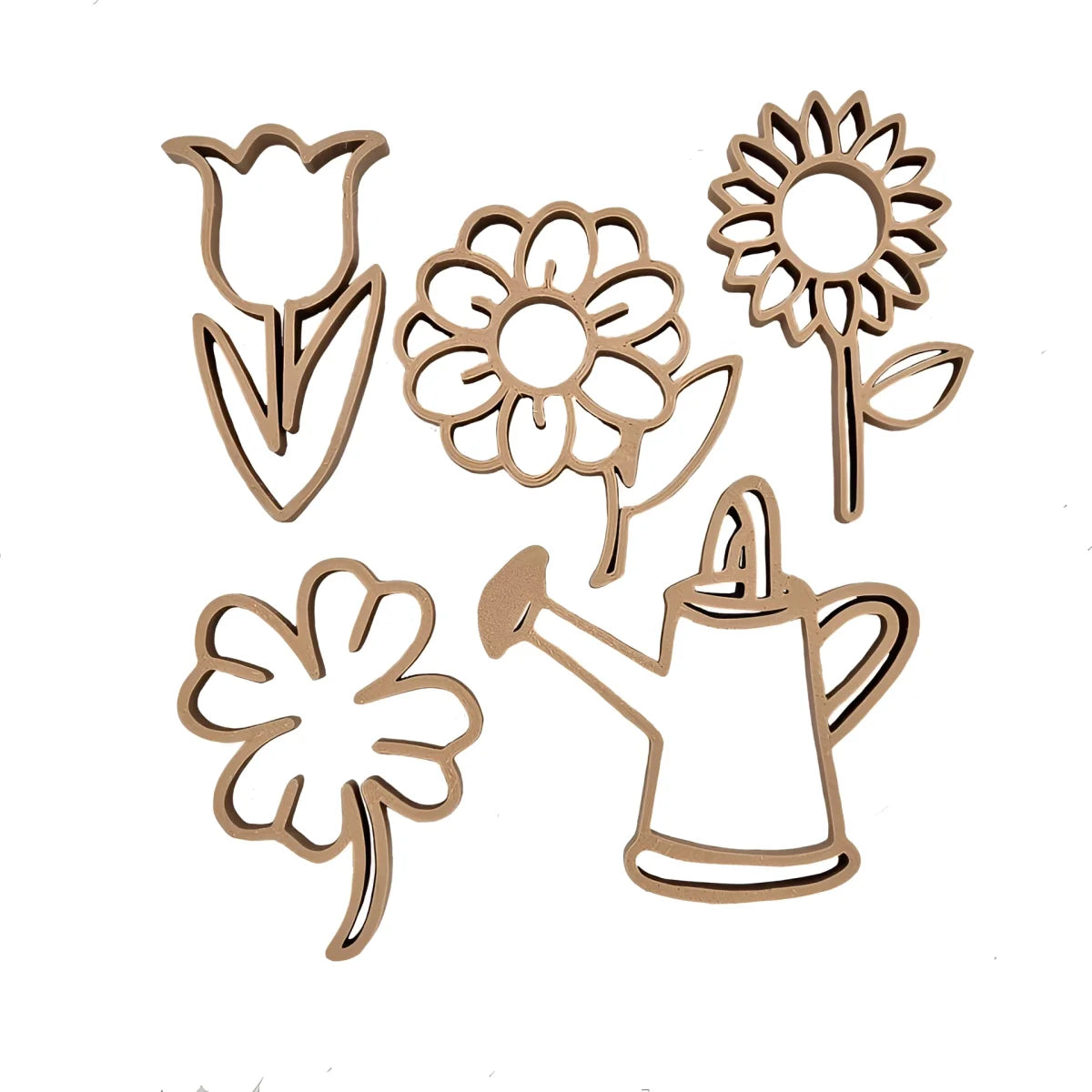 Set Ausstecher Blumen mit fünf Holzblumen und Giesskanne in natürlichen Brauntönen