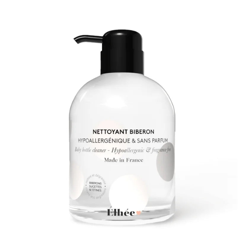 Weisse Kunststoffflasche mit schwarzem Pumpspender: Baby Bottle Cleaner von Élhée
