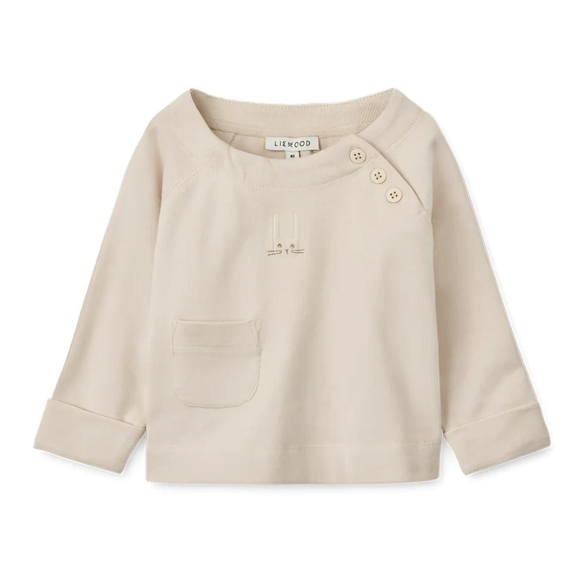 Beige langärmliger Baby-Pullover mit Schulterknöpfen und Brusttasche