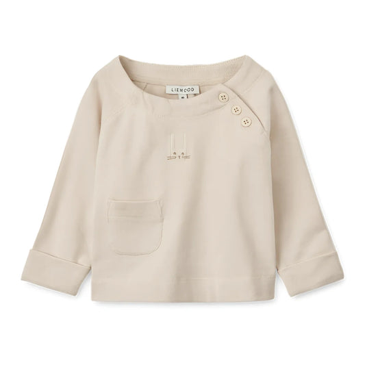 Beige langärmliger Baby-Pullover mit Schulterknöpfen und Brusttasche