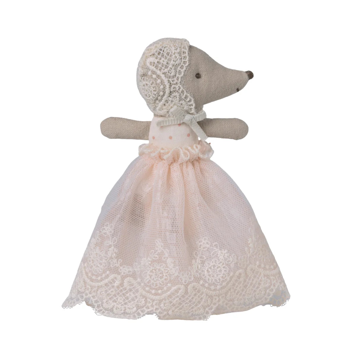 Zarte cremefarbene Mauspuppe im rosa Spitzenkleid mit passender Mütze: Baby Maus im Kleid Powder