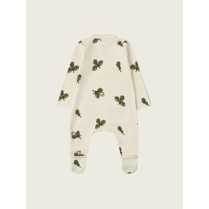 Weihnachtliches Babyschlafanzug mit Steppfuß, cremefarben mit Stechpalmenblättern, roten Beeren und Süßigkeitenstangen