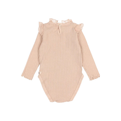 Beige gestreifter Baby-Body mit Rüschenkragen und -ärmeln, Baby Warm Rib Bodysuit