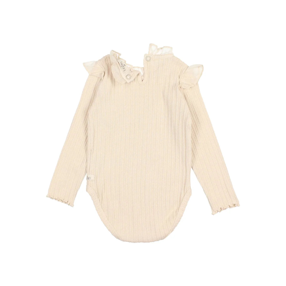 Helles cremefarbenes, gestreiftes Baby-Body mit Rüschensaum aus der Baby Warm Rib Bodysuit Kollektion