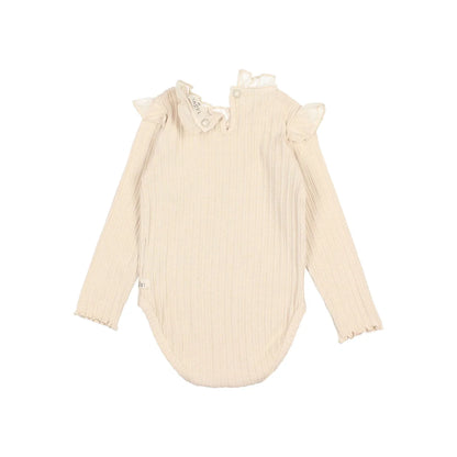 Helles cremefarbenes, gestreiftes Baby-Body mit Rüschensaum aus der Baby Warm Rib Bodysuit Kollektion