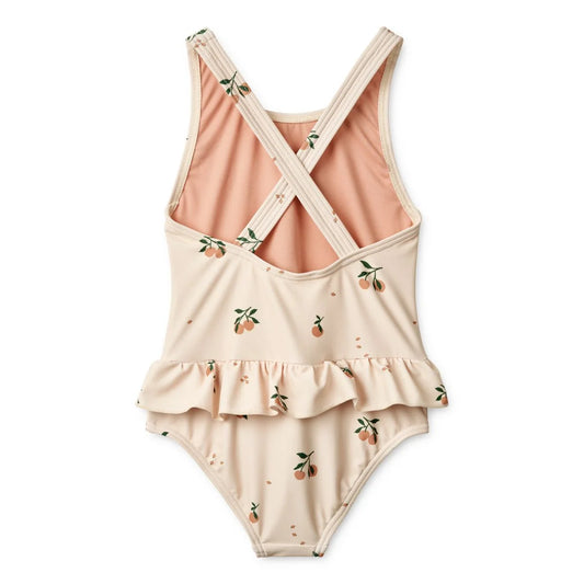Peachfarbener Einteiler mit Rüschen und Zitrusfruchtmuster Badeanzug AMARA Print Baby
