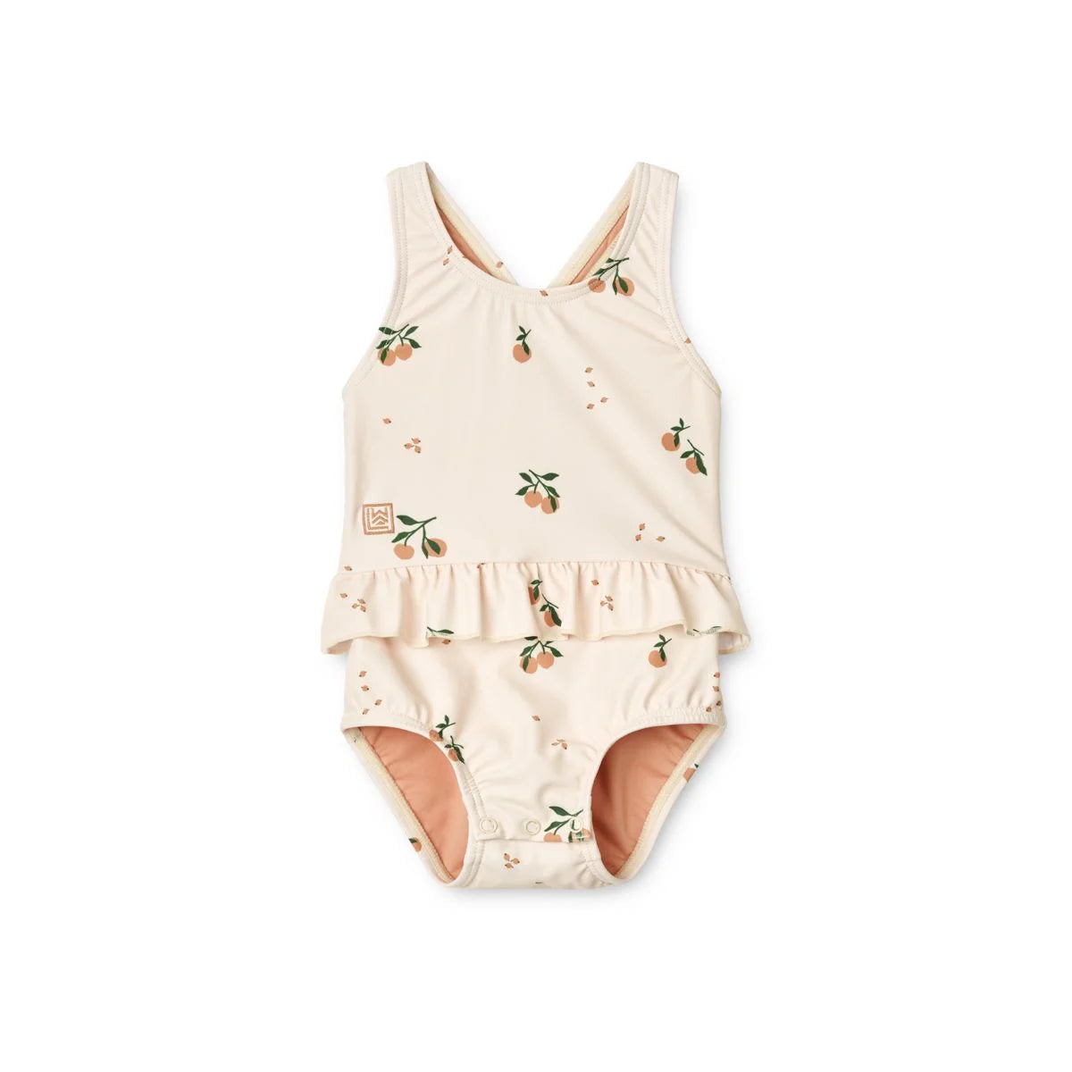 Pfirsichfarbener Badeanzug AMINA mit Blumenmuster und rüschigem Taillenrand