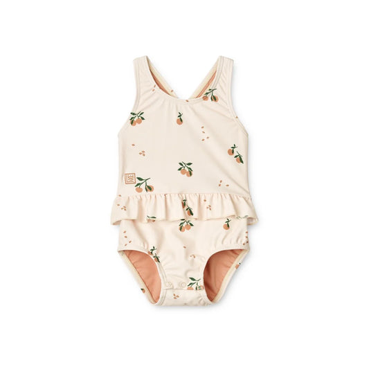 Pfirsichfarbener Badeanzug AMINA mit Blumenmuster und rüschigem Taillenrand