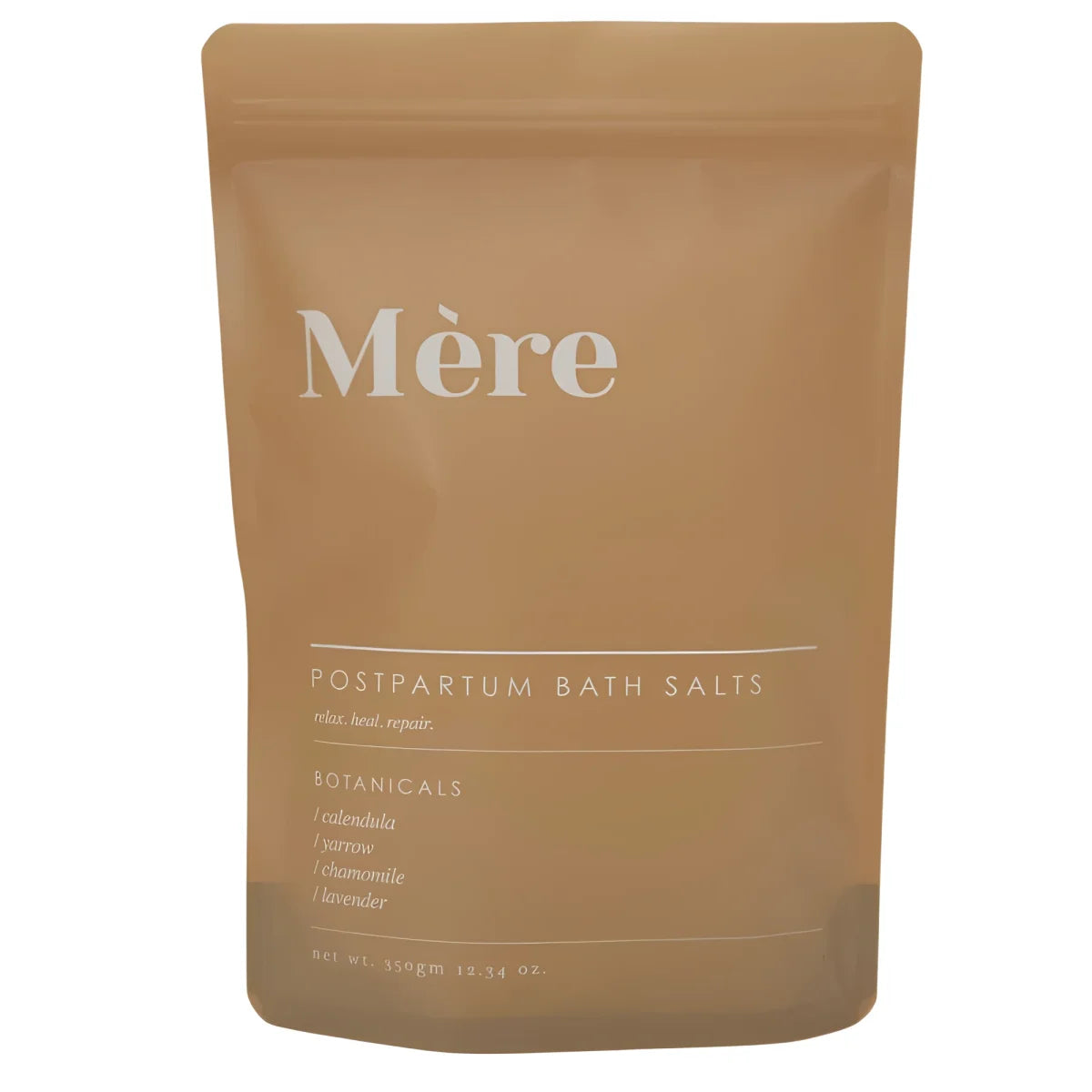 Wiederverwendbare Tasche mit Mère Badesalz Postpartum in neutralem Tan