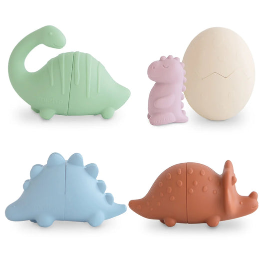 Pastellfarbene Dinosaurierspielzeug und Ei für das schimmelresistente Badespielzeug Dino
