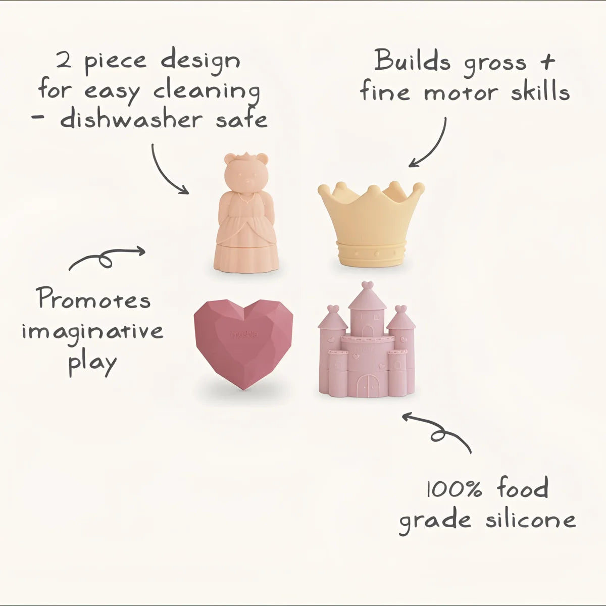 Pastellrosa und pfirsichfarbenes schimmelresistentes silikon-badespielzeug set mit prinzessin kron herz und schloss