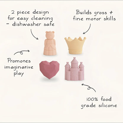 Pastellrosa und pfirsichfarbenes schimmelresistentes silikon-badespielzeug set mit prinzessin kron herz und schloss