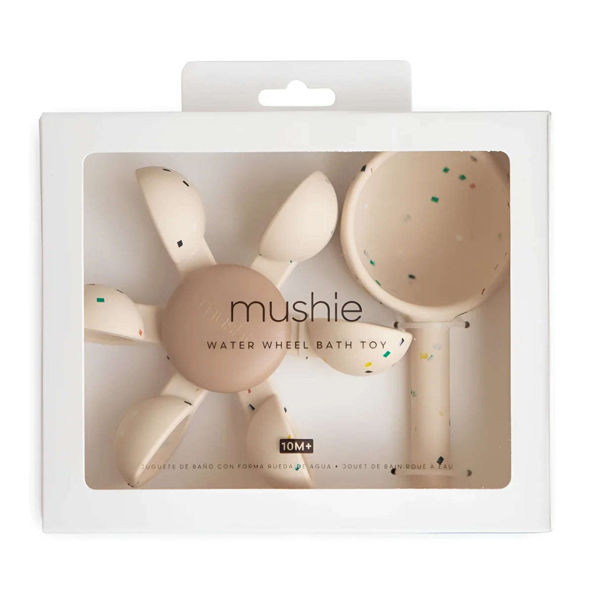 Mushie badespielzeug wasserrad mit beigen, gesprenkelten silikonblättern und griff für wasser spielspaß
