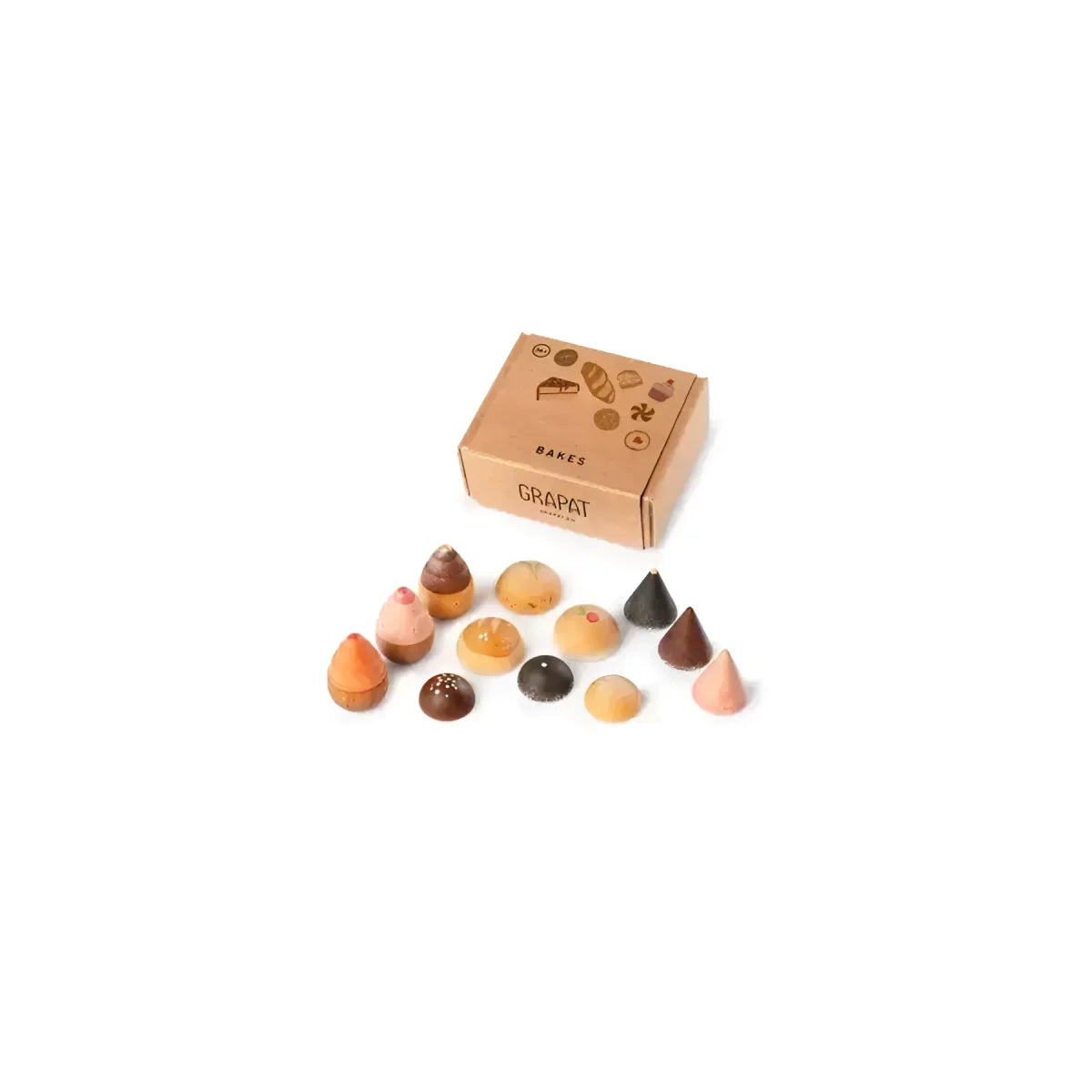 Miniatur-Holzspielzeug-Set Bakes mit Gebäck und Brot in warmen erdigen Tönen