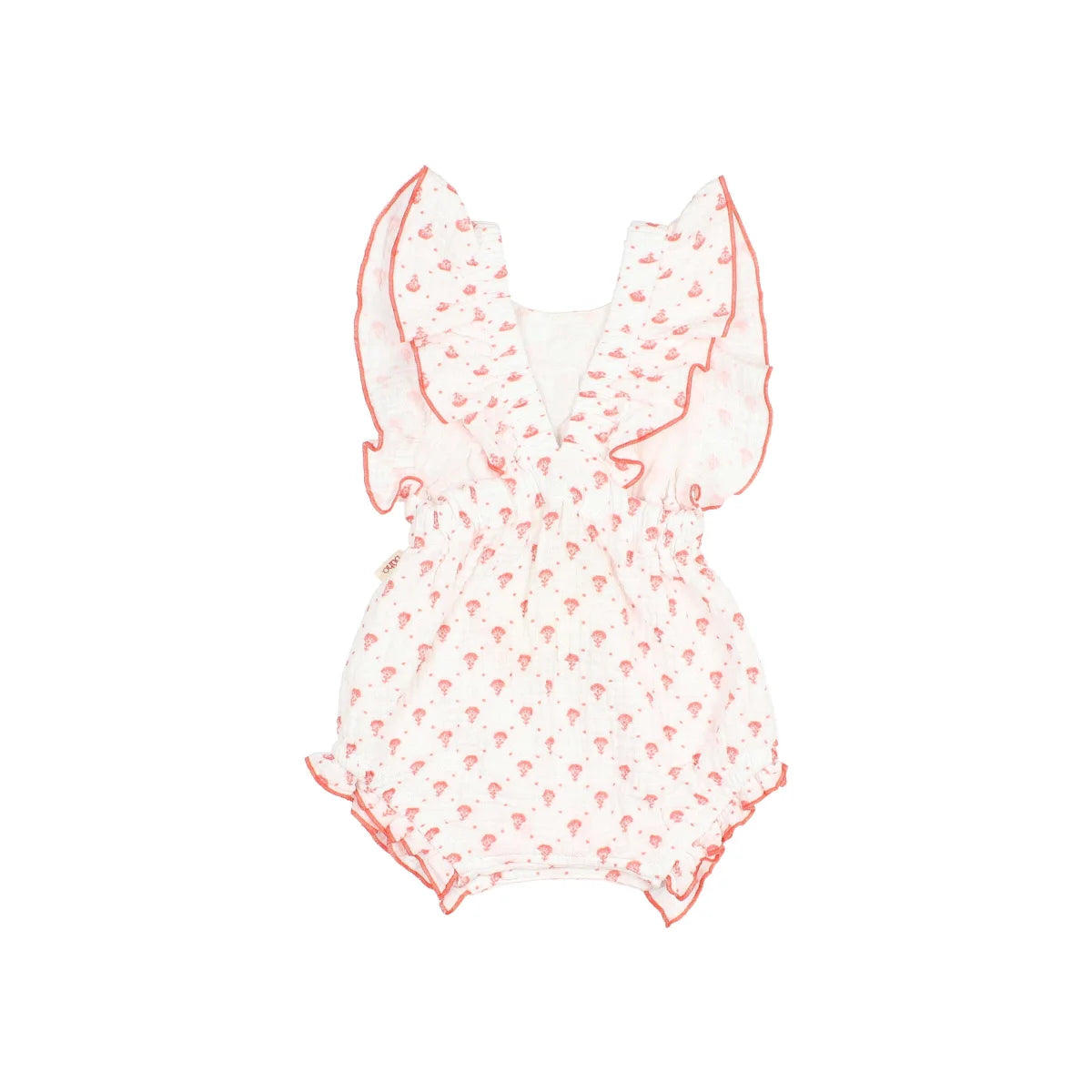 Bali Romper Coral: weißer Overall mit rosa Blumen, Rüschenärmel