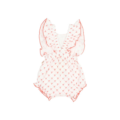 Bali Romper Coral: weißer Overall mit rosa Blumen, Rüschenärmel