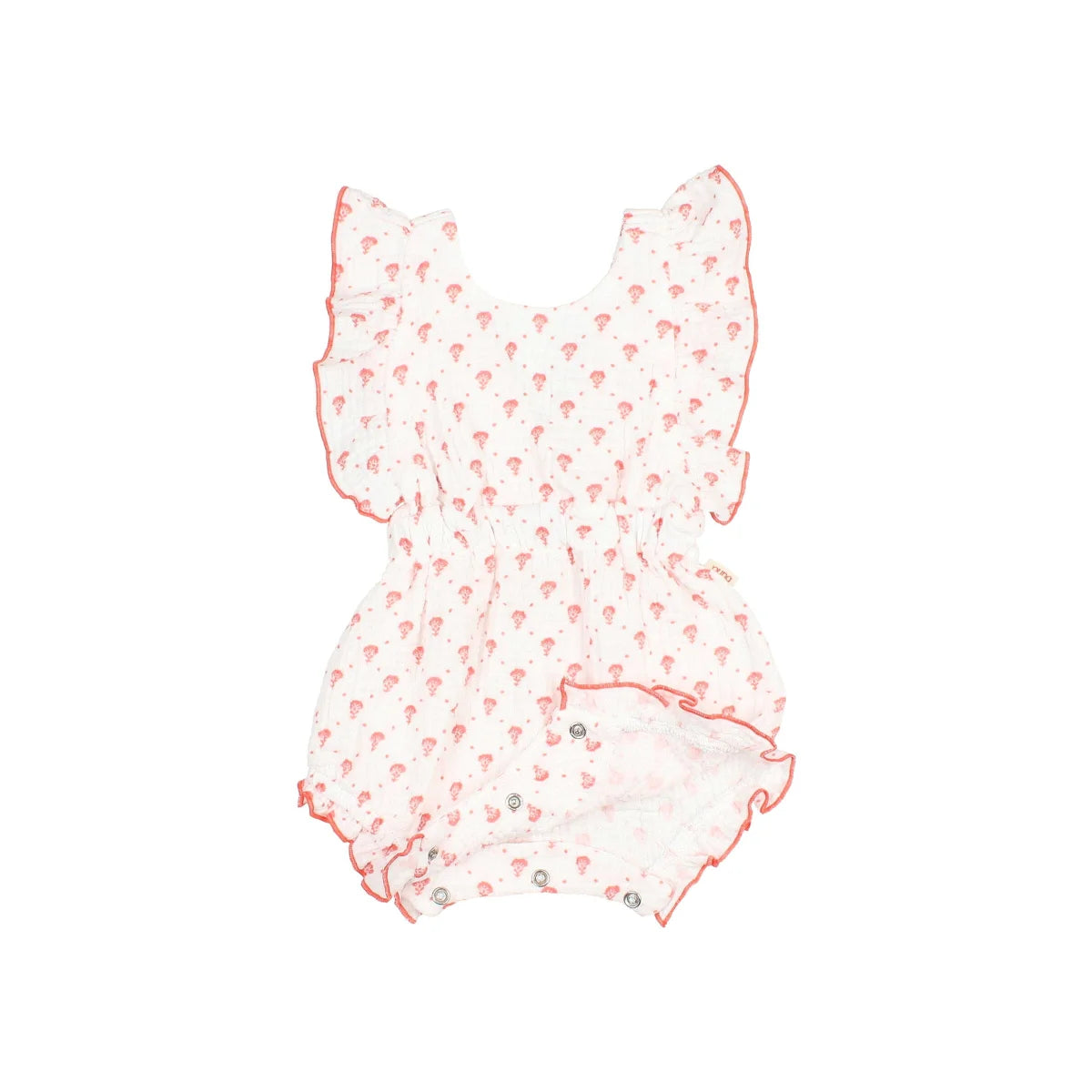 Bali Romper Coral: weißer Babyoveralls mit rosa Ballonprint und Rüschen