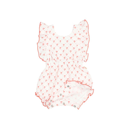 Bali Romper Coral: weißer Babyoveralls mit rosa Ballonprint und Rüschen