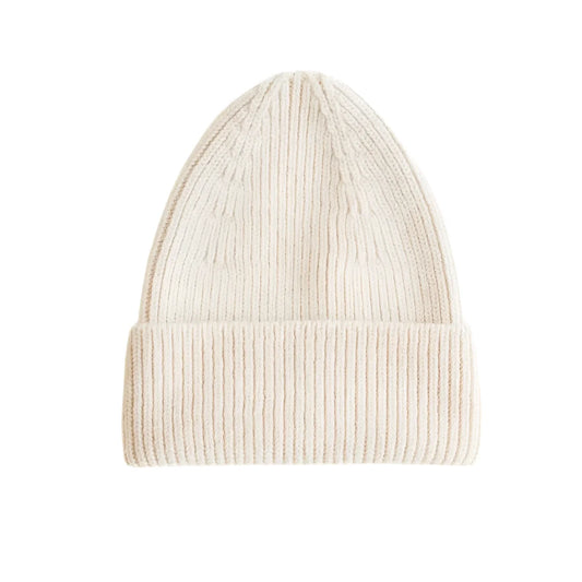 Cremfarbener gerippter Strickbeanie mit umgeschlagenem Rand, Beanie Fonzie