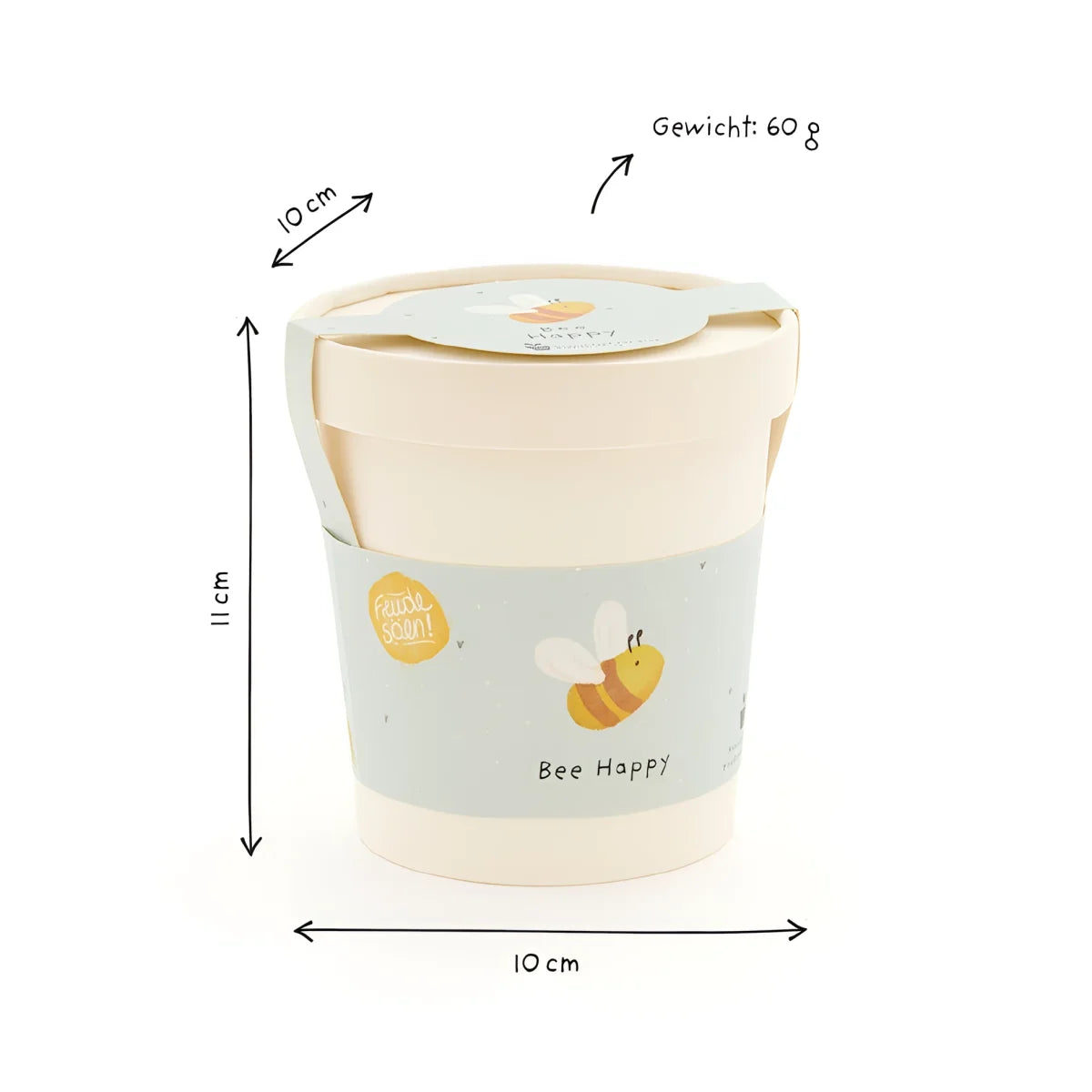 Ein cremefarbener becher aus papier mit deckel und bienenmotiv als nachhaltiges geschenk für neugeborene