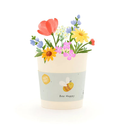 Fröhlicher cremefarbener Pappbecher Bee Happy mit hellblauem Streifen und Bienenmotiv