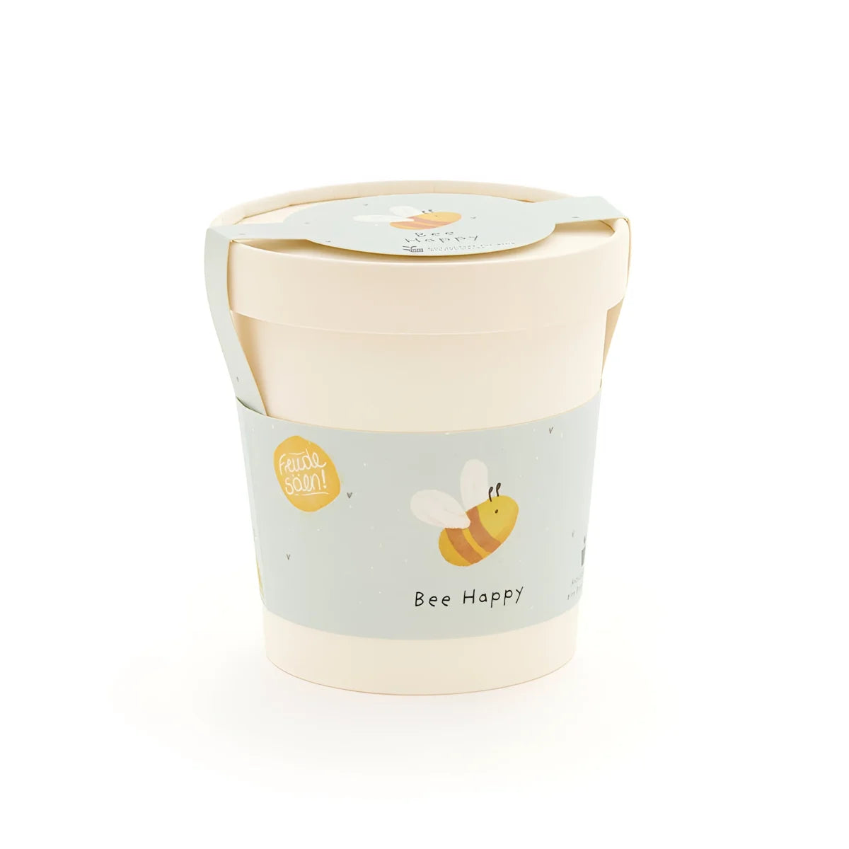 Pastellblauer und cremefarbener bee happy becher mit bienenmotiv ideal für ökologische baby- & kinderprodukte