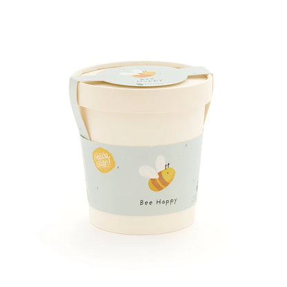 Pastellblauer und cremefarbener bee happy becher mit bienenmotiv ideal für ökologische baby- & kinderprodukte