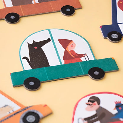 Cartoon illustration of a teal car with a dog and person for Beep, Beep! Puzzle