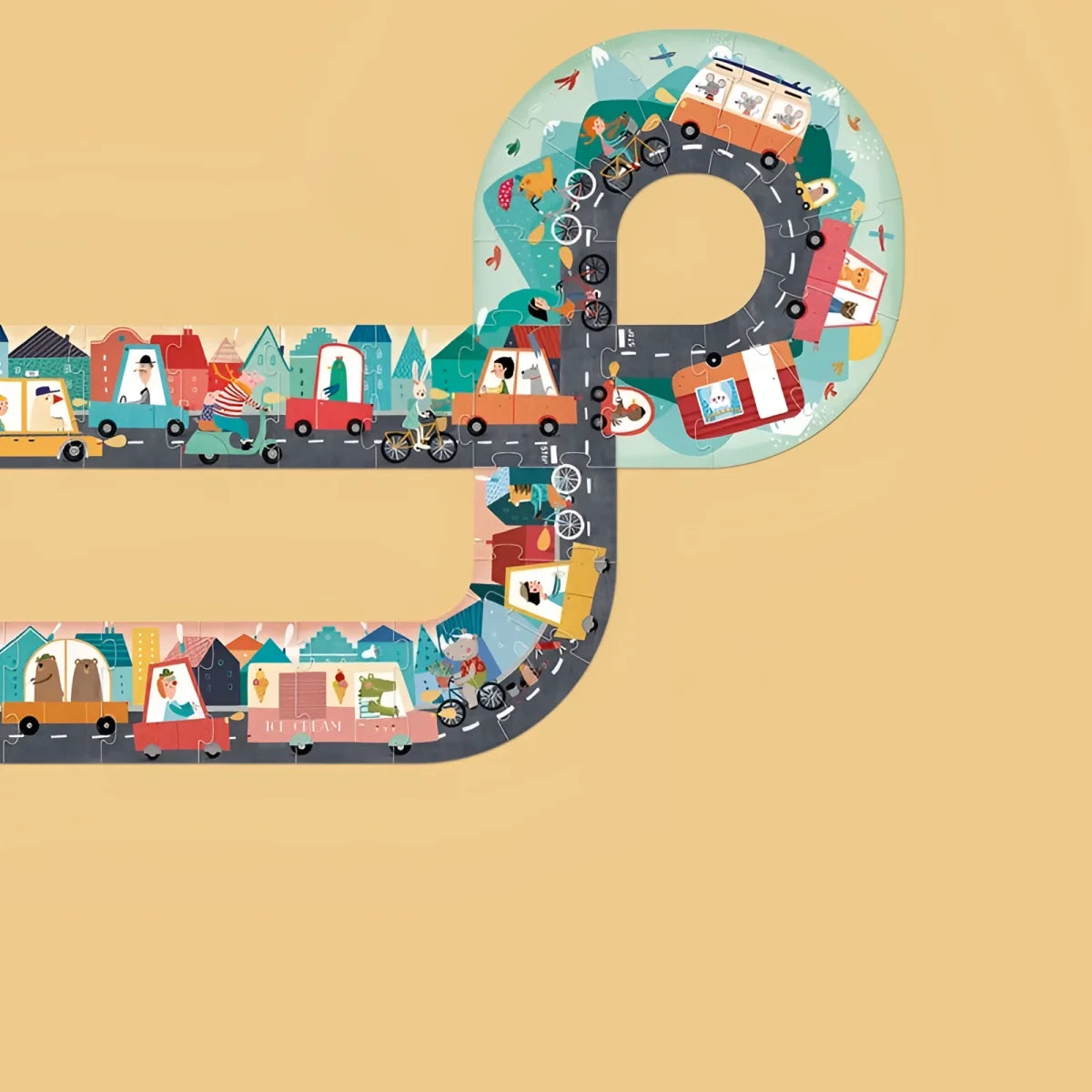 Winding road with colorful houses and vehicles in Beep, Beep! Puzzle