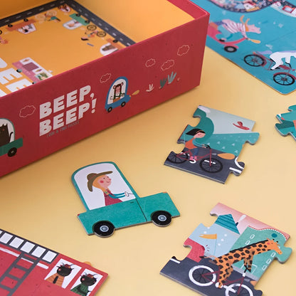 Rote Puzzlebox mit BEEP, BEEP! Text und Fahrzeugillustrationen, Beep, Beep! Puzzle